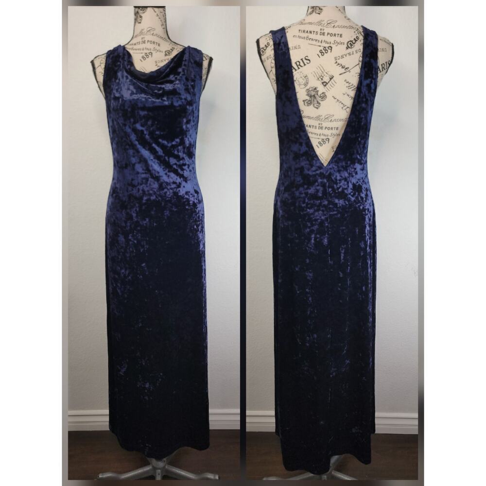 VTG 90s Y2K Rampage Maxi Navy Velvet Slip Dress M Cowl Neck Open V Back